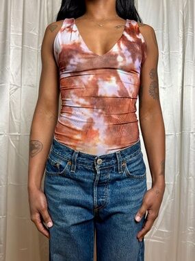 Zara W/B Collection Brown Abstract Tie-Dye Bodysuit